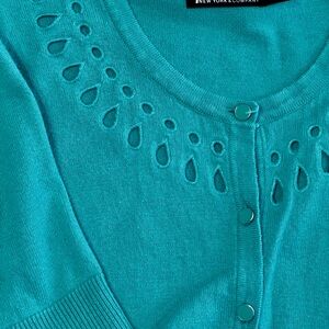 7th Avenue Design Studio Teal Cardigan Eyelet Detail Short Sleeve Button Knit S